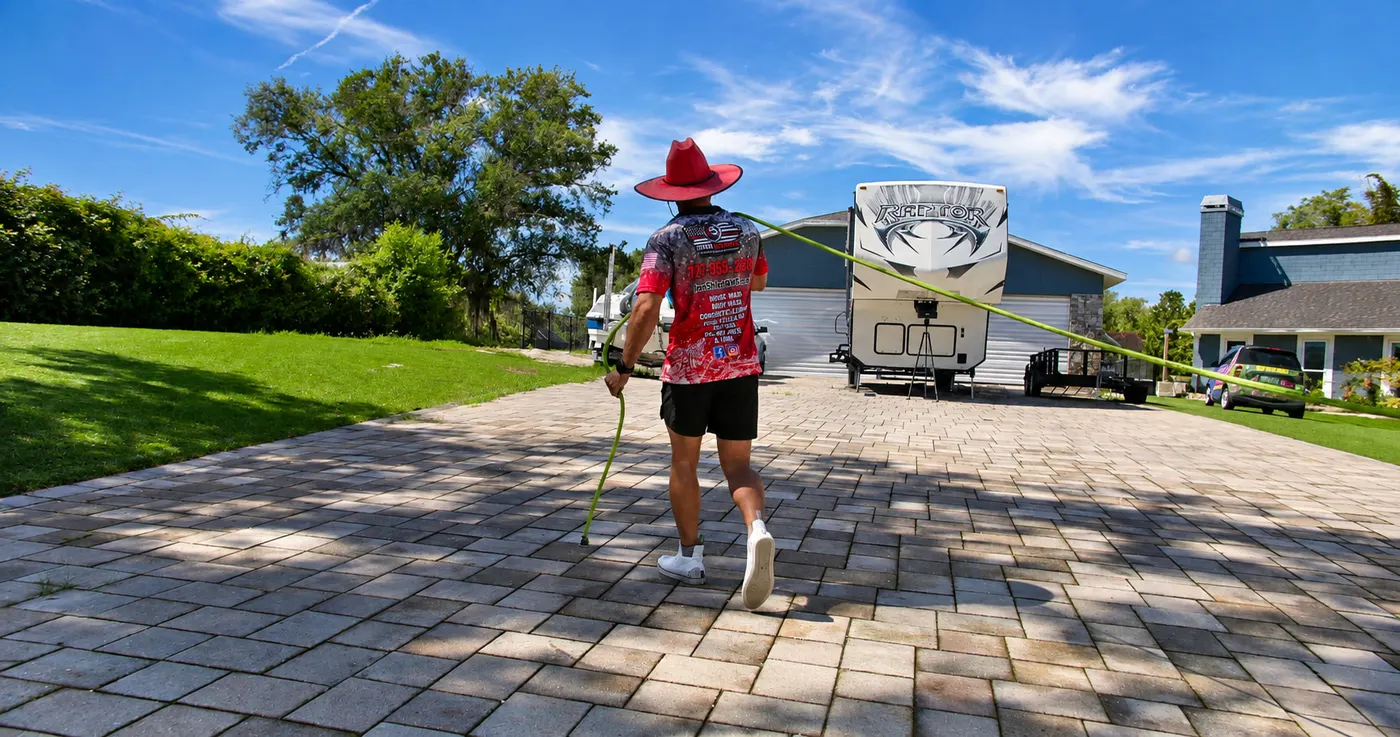 Iron Shield technician walking a pressure washing line across a large paver deck, the service trailer parked behind