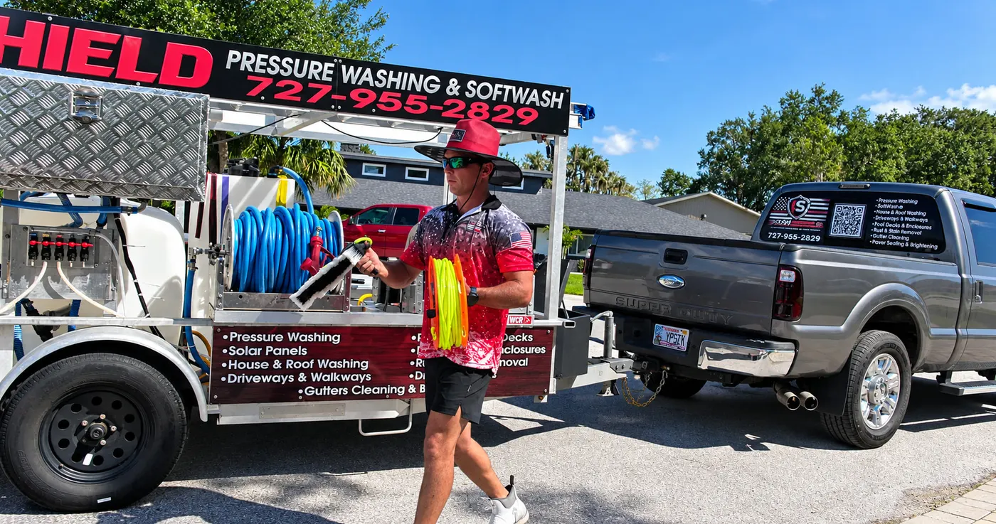 Iron Shield technician carrying hose and brush away from the service trailer toward the work area