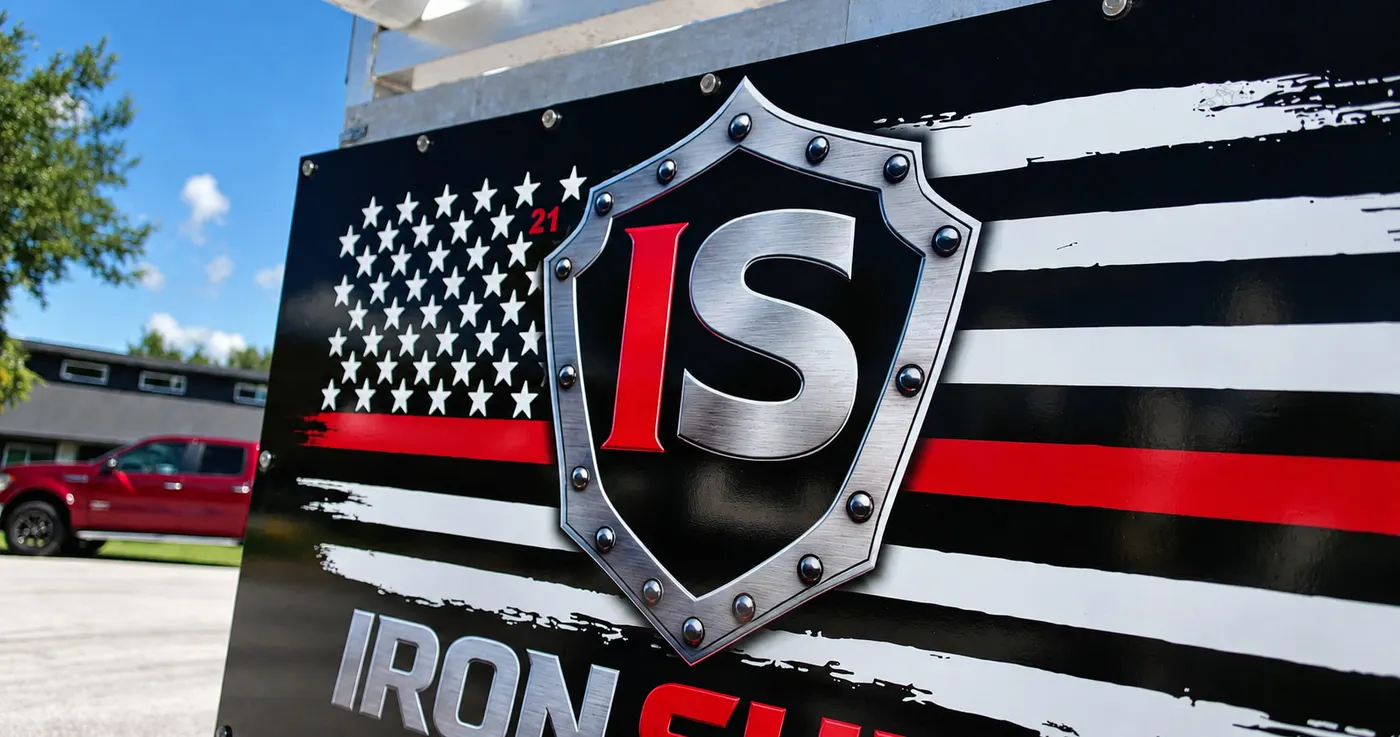 Close-up of the Iron Shield shield logo on the side panel of the company service trailer