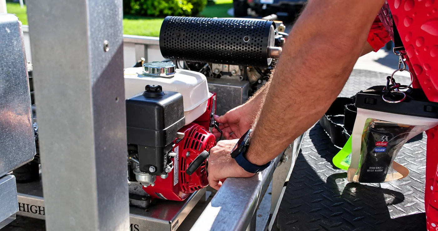 Iron Shield technician checking the hoses and engine on the trailer-mounted pressure washing system