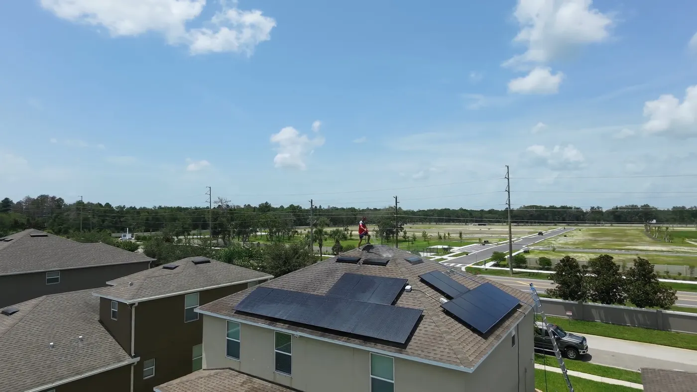 Aerial view of a Hudson home rooftop solar array after cleaning
