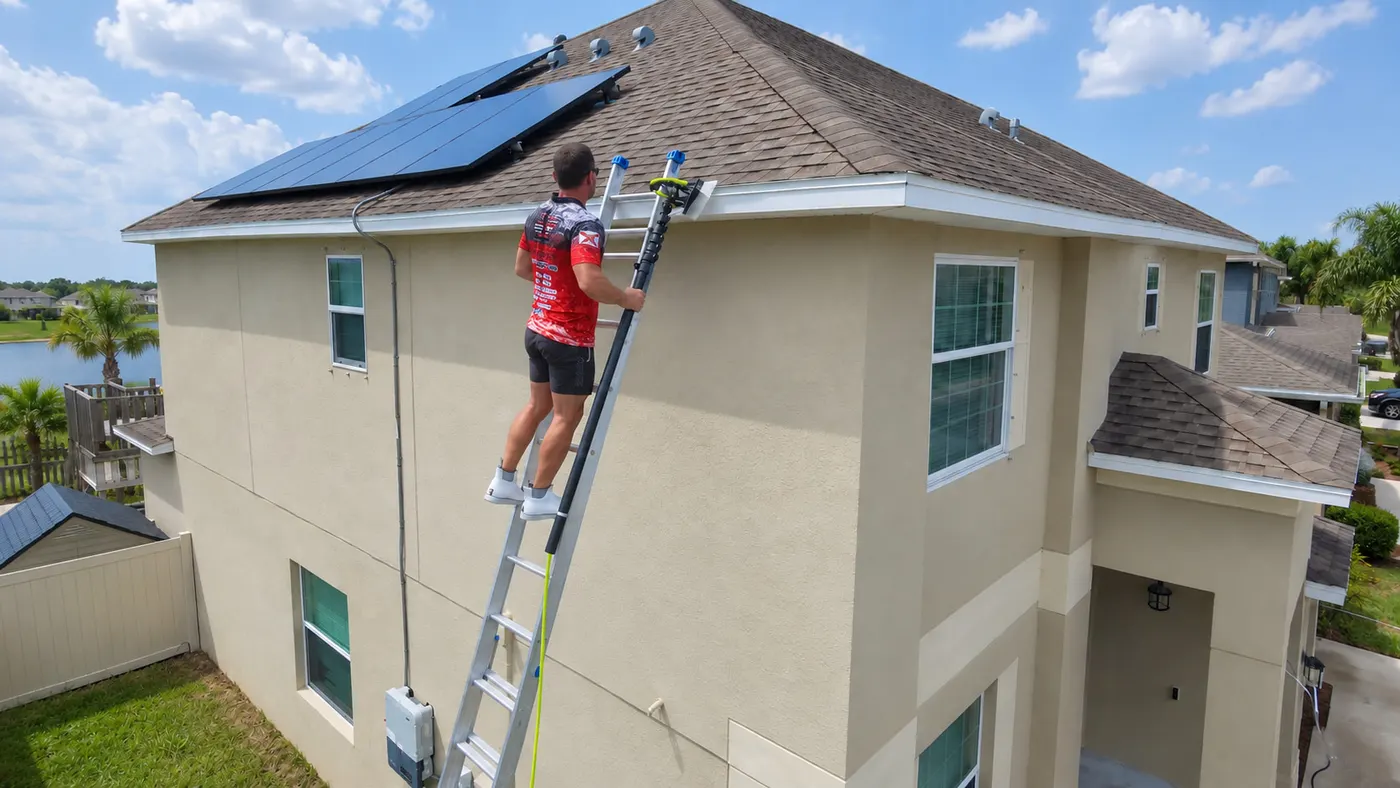 Iron Shield technician cleaning the gutter of a two-storey home, working around the solar panels on the roof above