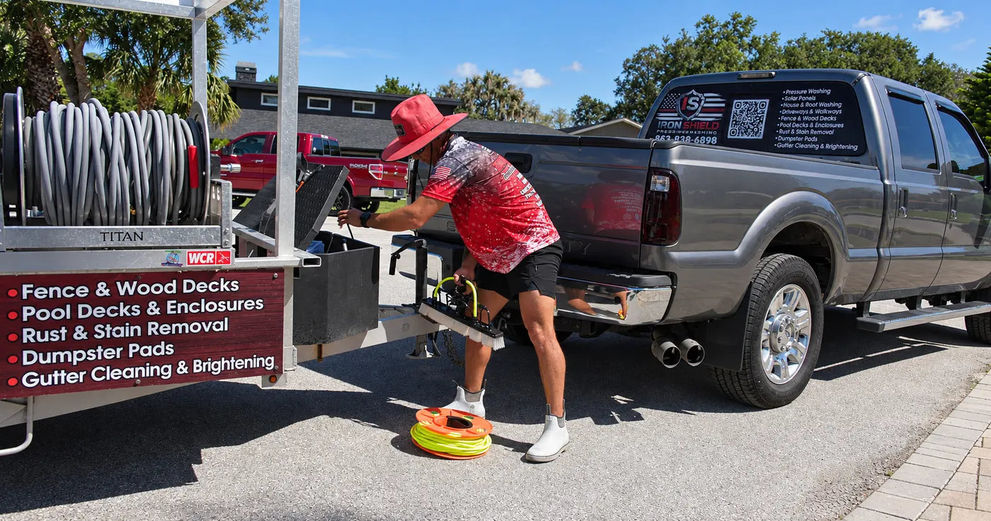 Iron Shield technician unloading a rotary surface cleaner from the back of the service truck